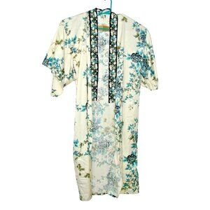 Vtg Made in Japan Blue Green Floral Open Kimono Robe Polyester Asian Gown One Sz